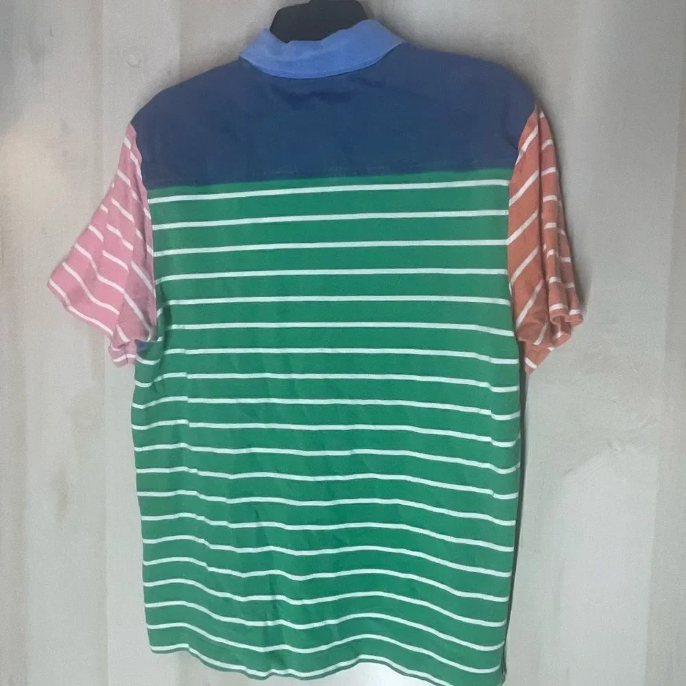 Vineyard Vines blue green‎ pink white shirt sleeve striped polo shirt, medium